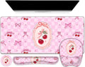 Cute Check Mouse Pad with Wrist Support 4 in1 Set, XXL Big Game Mousepad + Keyboard Wrist Rest + Mouse Wrist Rest Pad +Coaster Gaming Mat for Work Study Home Office I Pink Cherry & Bow Dream by NXZGO