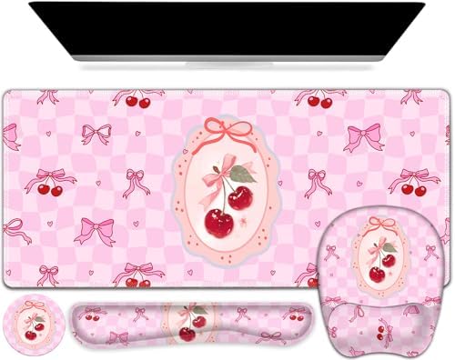 Cute Check Mouse Pad with Wrist Support 4 in1 Set, XXL Big Game Mousepad + Keyboard Wrist Rest + Mouse Wrist Rest Pad +Coaster Gaming Mat for Work Study Home Office I Pink Cherry & Bow Dream by NXZGO