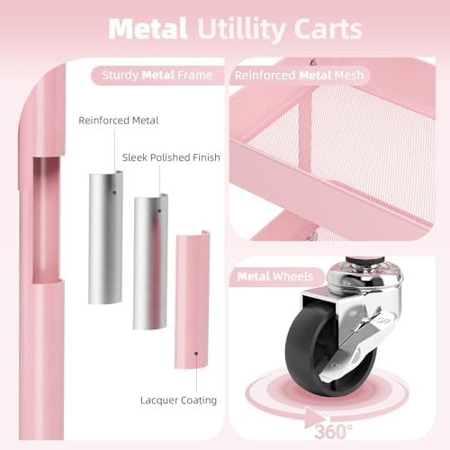 KINGRACK 3 Tier Metal Rolling Cart with Drawer, Pink Utility Storage Cart - Image 4
