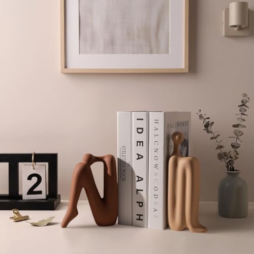 Decorative Ceramic Bookends,Thinker Statue Abstract Decor Book Holders,Matte Ceramic Sculpture Abstract Book Ends,Double Duty Decor Bookends, Modern Home Office Cream Beige & Brown - Image 6
