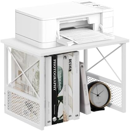 Printer Stand for Desk, Desktop Printer Stand Shelf Organzier for Home Office, for Above and Under Desk, Fax Machine Copier Scanner, White by VYUOL