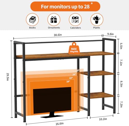 Snughome Desk Shelf, 38.6" Desktop Organizer Shelf, Desk Hutch for Computer Monitor, 4 Tier Desk Display Rack, Wood Desktop Bookshelf Storage Rack for Home Office Dorm, Rustic Brown - Image 3