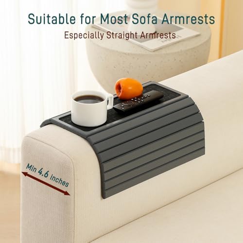 Bamboo Couch Arm Tray Table with Anti-Slip Cork Pad，Foldable Sofa Armrest Tray Table for Couch，Flexible Couch Arm Cup Holder，Portable Sofa Arm Chair Table for Drink, Snacks, Phone, Remote (Gray) - Image 4