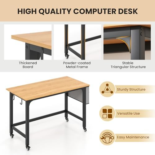 GOFLAME 4ft Conference Table Set of 4, Mobile Home Office Computer Desk, Meeting Room Table w/Detachable Storage Bag & 2 Headphone Hooks, Rolling Seminar Boardroom Table on Wheels, Black + Natural - Image 4