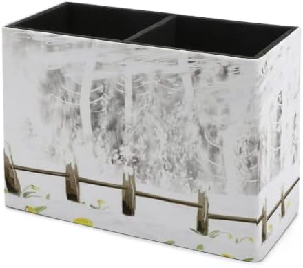 PU Leather Multi-Compartment Pen Holder Desktop Organizer Pencil Cup Storage Caddy for Office Home Supplies Winter Snow Covered The Forest, Wooden Houses in The Woods - Image 7