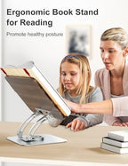Tounee Book Stand for Reading, Adjustable Book Holder with 360° Swivel Base, Foldable Cookbook Stand Recipe Book Holder with Elastic Page Clips for Music Scores, Recipe, Tablet, Laptop-Silver - Image 2