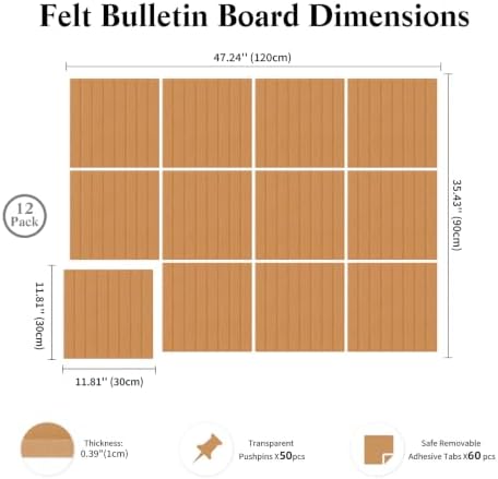 48" x 36" Large Felt Bulletin Board, Bold-Stripe 12-Pack Cork Boards | Fabric Bulletin Board with 60 Adhesive Tabs, 50 Pushpins, Felt Wall Tiles for Office Push Pin Board Felt Board, Creamy Coffee - Image 3