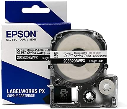Epson LABELWORKS 203B20BWPX Tape Cartridge - Black on White Shrink Tube Industrial Label Maker Tape - AWG 14-22, 1/8" (3MM) Wide, 8 ft (98") by EpsonLABELWORKS