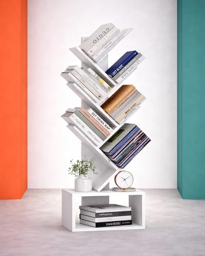 XBurmo 6 Tier Tree Bookshelf - Small Bookcase, Compact Book Tower with Drawer, Corner Bookshelf for Bedroom, Living Room and Home Office Storage, White by XBurmo