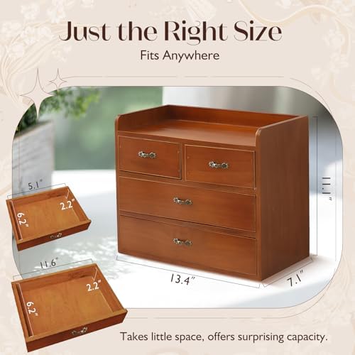 Vintage Wooden Desk Organizer with 4 Drawers — Small Wood Desktop Storage Cabinet for Jewelry, Makeup, Office Supplies & Accessories - Rustic Mini Drawer Chest for Clutter-Free, Desk Zen - Image 3