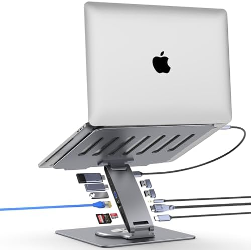 Adjustable Laptop Stand for Desk with Docking Station 11-in-1, Aluminum Laptop Riser with USB Hub 360°Swivel Dual Display 4K60Hz HDMI Gigabit Ethernet USB3.0 PD100W for MacBook Pro Air/Dell/HP 7-15.6" by HC