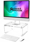 Acrylic Monitor Stand Riser L14" x H5" | Multi-Purpose Desk Organizer for Monitor & Laptop, Compatible with PC, Apple Studio Display and Printer, Ideal for Home Workspaces & Office Desks (Transparent) by GRASSBROOK
