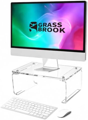 Acrylic Monitor Stand Riser L14" x H5" | Multi-Purpose Desk Organizer for Monitor & Laptop, Compatible with PC, Apple Studio Display and Printer, Ideal for Home Workspaces & Office Desks (Transparent) by GRASSBROOK