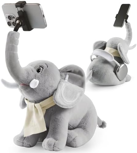 Phone Holder, Phone Mount with 360° Rotating Clip 45° Adjustable Trunk, Elephant Stuffed Animal with Ear Pockets Glasses Cloth Scarf & Back Headphone Fit, Cell Phone Holder for Desk Bed Sofa Car- Gray by Unknown
