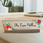 Artblox Personalized Office Desk Name Plate and Business Card Holder | Clear Acrylic Glass with Teak Wood Stand |Mixed Flowers Design Customized with Your Name and Credentials Office Desk Décor - Image 4