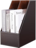 KINGFOM Wooden Leatherette Desktop File Folder Organizer and Document File Stand Journals Magazine Rack 2 Slots (brown) by KingfomLeatherHomeOfficeDecor