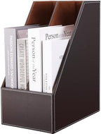 KINGFOM Wooden Leatherette Desktop File Folder Organizer and Document File Stand Journals Magazine Rack 2 Slots (brown) by KingfomLeatherHomeOfficeDecor