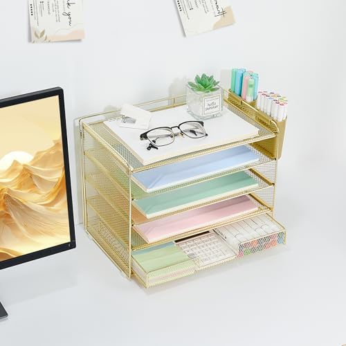 LEKETREE Desk Organizers and Accessories, 5-Tier Paper Letter Tray Organizer with Drawer & 2 Pen Holders, Desktop Organizer for Office Supplies (Gold) - Image 3