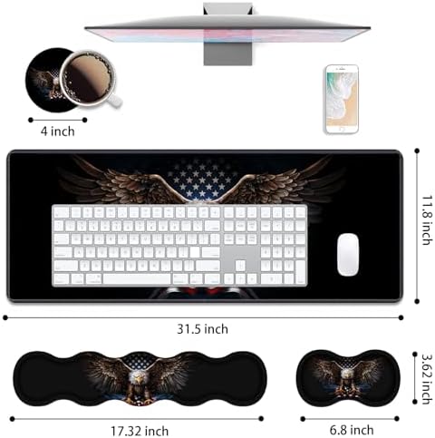 4 in 1 Ergonomic Keyboard Wrist Rest & Mouse Pad Wrist Rest Set, Large XXL Gaming Desk Mat 31.5"x 11.8" with Non-Slip Base, Memory Foam for Home Office Study Gaming, American Flag Bald Eagle - Image 2