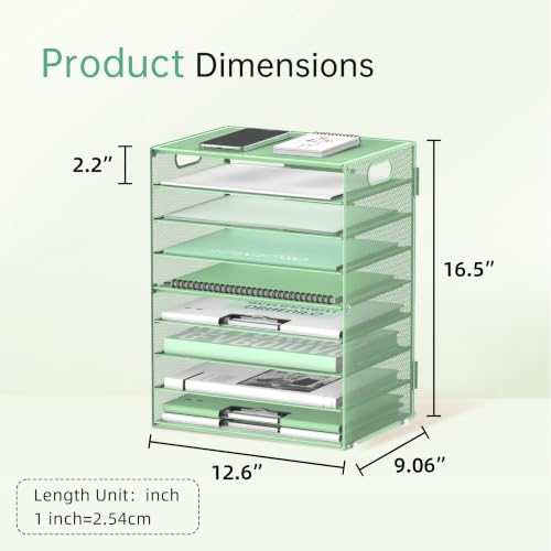 9-Tier Paper Organizer for Desk, Metal Letter Tray with Handles, Mint Green - Image 2