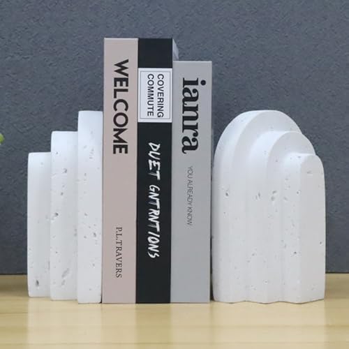 Decorative Book Ends for Shelves - Boho Aesthetic Bookends Decor - Heavy Duty Travertine Book Stopper Holder for Home Office Desk Coffee Table, Gifts for Book Lovers (White) by SimpleLivingJoyfulHeart