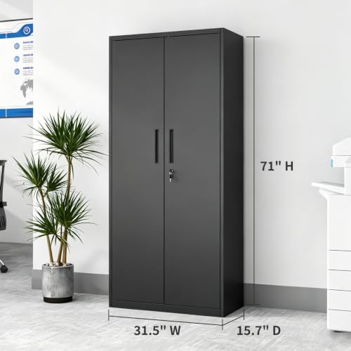 71" Metal Storage Cabinet, Locking Garage Storage Cabinet with Doors and 5 Adjustable Shelves, Tall Black Cabinet for Office, Garage, School - Image 2
