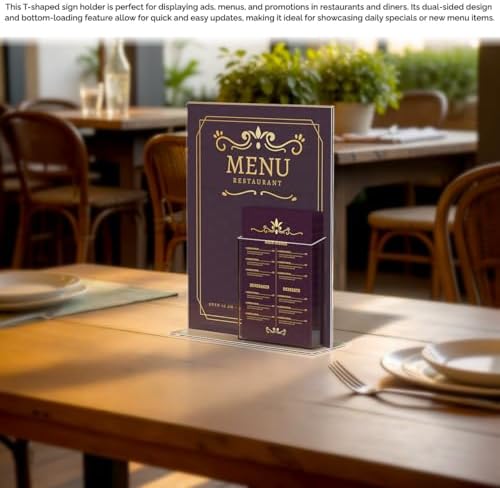 Marketing Holders Sign Holder for 8.5" x 11" Signs Countertop Display with 4" Wide Brochure Pocket for Graphic Images in Offices and Stores Clear Acrylic T Shaped Double Sided Bottom Load - Image 3
