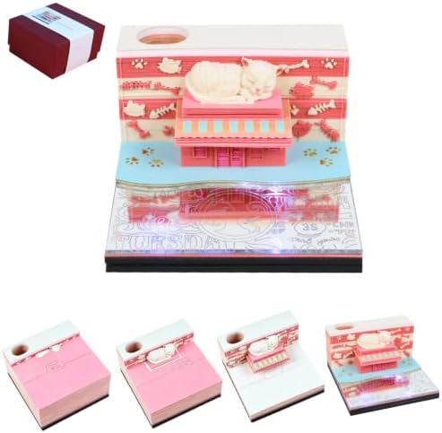 3D Calendar 2027, Desk Time Piece Calendar 2027,Tear-Away 3D Paper Art Notepad w LED Lights,Creative 3D Memo Artsy Pad Calendars, DIY Paper Carving Gift (Cute cat) by Ksgolif