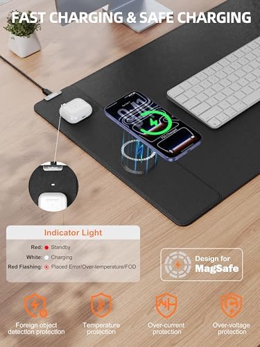 Mouse Pad with 15W Wireless Charging, XXL Large Leather Desk Mat, Black - Image 2