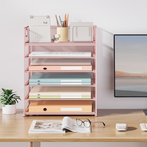 Subekyu 6 Tier Office File Paper Desk Tray Organizer with Handle, Stackable Slide Mesh Letter Tray Folder Pink Desk Organizer, Desktop Document Sorter for Classroom, Office, Home Supplies Storage - Image 7