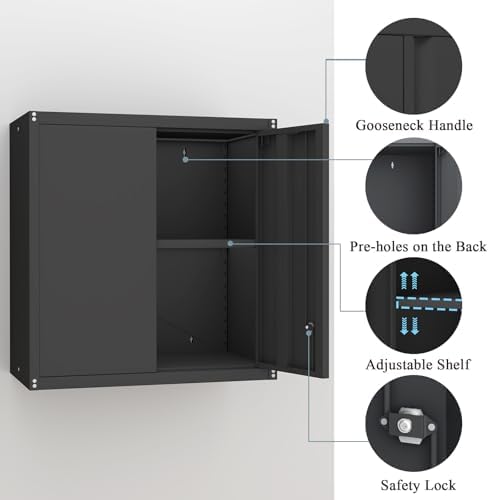 28" H Garage Storage Cabinet, Metal Garage Wall Cabinets with Doors and Shelves, Small Wall Mount Cabinet for Kitchen, Garage, Laundry Room, Pantry, Black - Image 5