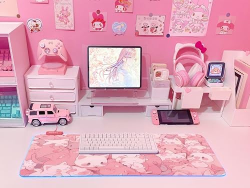 JMIYAV Pink RGB Gaming Mouse Pad 31.5x12 Inch PC XL Large Extended Glowing Led Light Up Desk Pad Non-Slip Rubber Base Computer Cute Mousepad Mat Desk Accessories Gaming Setup Dreamy Cats - Image 6
