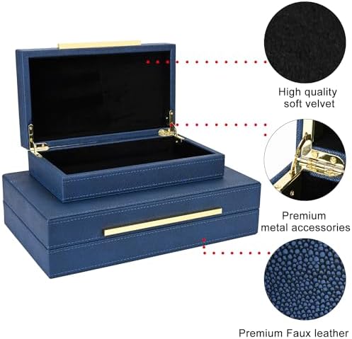 Navy Blue Shagreen box Set of 2 Faux Leather Decorative Boxes,Large Nesting Storage Decorative Boxes with Lids for Modern Home Decor Stacking Jewelry Box Organizer - Image 2