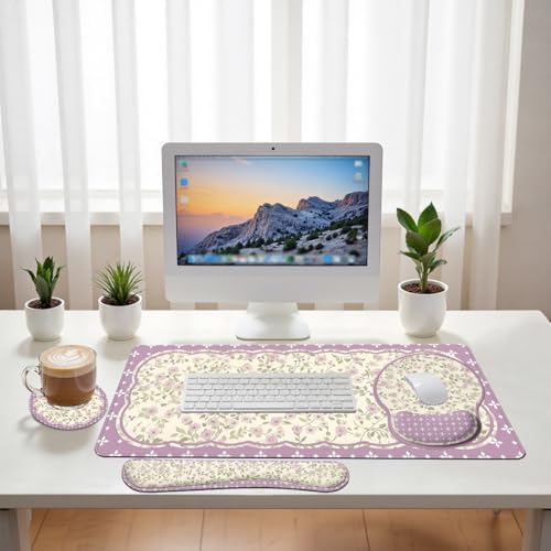 Floral Desk Mat Set Pink Vintage Aesthetic Large Mouse Pad with Wrist Rest 4in1 Desk Mat for Desktop Ergonomic Keyboard Wrist Support Anti-Slip Computer Ergonomic Mouse Pad Home Office Gaming - Image 6