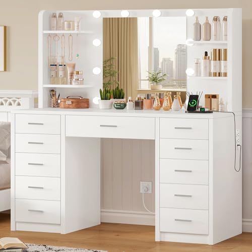 FIONESO Large Vanity Desk with Mirror and Lights, Makeup Vanity with 11 Drawers & 6 Open Shelves, 3 Lighting Modes, Brightness Adjustable, Vanity for Girls, White by FIONESO