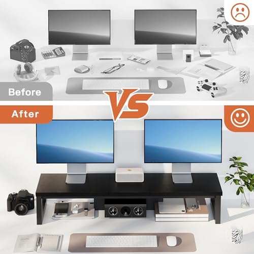 Dual Monitor Stand Riser, Wood and Steel Monitor Stand for Desk, Multi-Purpose Desk Shelf Organizer for Computer, Laptop, Printer, TV, Black - Image 5