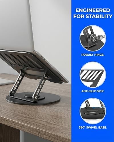 Compatible 360° Rotating Adjustable Laptop Stand, Fully Foldable Dual Rotary Shaft Laptop Riser Portable Standing Desk, Fits MacBook & All 10-15 Inch Laptops - Black - Image 4