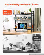 VEVOR 45.3"W Desk Shelf with Grid Panel, Desktop Bookshelf Storage Hutch for Computer Monitor, Metal Frame and Wooden Shelf, 2-Tier Countertop Display Rack, Desk Organizer Hutch for Dorm, Home, Office - Image 5