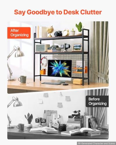 VEVOR 45.3"W Desk Shelf with Grid Panel, Desktop Bookshelf Storage Hutch for Computer Monitor, Metal Frame and Wooden Shelf, 2-Tier Countertop Display Rack, Desk Organizer Hutch for Dorm, Home, Office - Image 5