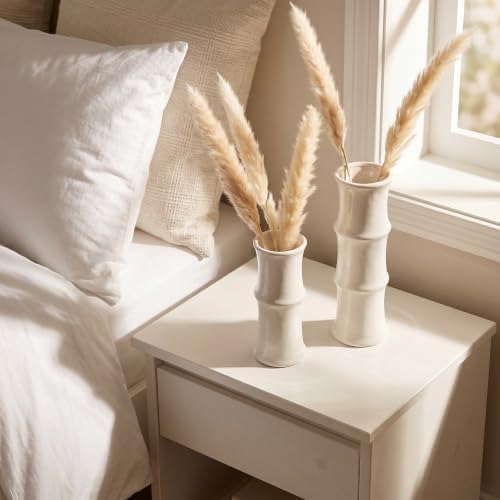 White Ceramic Bamboo-Inspired Flower Vase Set of 2, Modern Home Décor - Image 4