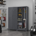 72.8" H Metal Garage Storage Cabinets, Metal Storage Cabinet with Hanging Rod & S-Hooks, Broom Closet Storage with Shelves, Functional Storage Cabinets for Garage, Warehouse, Grey - Image 2