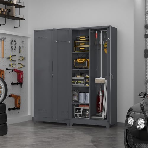 72.8" H Metal Garage Storage Cabinets, Metal Storage Cabinet with Hanging Rod & S-Hooks, Broom Closet Storage with Shelves, Functional Storage Cabinets for Garage, Warehouse, Grey - Image 2