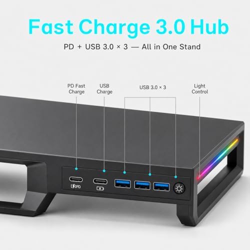 T2 Metal Monitor Stand with USB Hub, RGB Lighting & Storage Drawer - Image 4