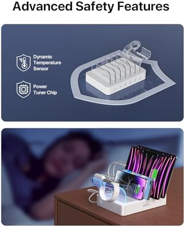 SooPii Premium 6-Port USB Charging Station Organizer for Multiple Devices, 6 Short Charging Cables and One Upgraded i-Watch Charger Holder Included, for Phones, Tablets, and Other Electronics, White - Image 4
