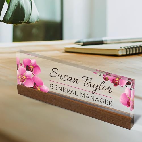 Artblox Office Personalized Name Plate for Desk with Business Card Holder On Clear Acrylic Glass Orchids Flowers Design Custom Desk Name Plate with Your Name and Credentials Customized Gift - Image 2