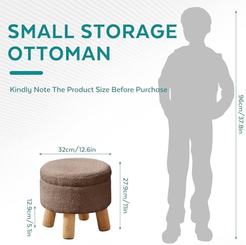 Small Foot Stool Ottoman with Storage, Sherpa Ottoman Foot Rest for Couch, Round Footstool with Storage, Small Ottomans and Footstools for Living Room and Entryway (Brown) - Image 2