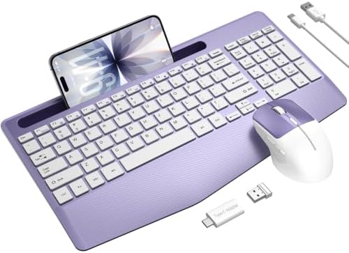 Rechargeable Silent Wireless Keyboard and Mouse Combo, Ergonomic Wrist Rest & Phone Tablet Holder, USB-C Adapter Included, 2.4G Lag-Free Cordless Set for Windows Mac Laptop PC Home Office (Purple) by Unknown