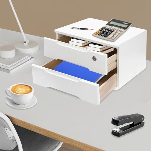 Wood Desk Organizer with 2 Drawers, Lockable Desktop Countertop Storage Cabinet for Home Office Supplies File Tabletop Organizing Unit (White) - Image 4