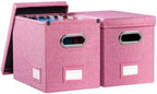 PRANDOM File Organizer Box - Set of 2 Collapsible Decorative Linen Filing Storage Hanging File Folders with Lids Office Cabinet Letter Size Pink (14x9.3x10.8 inch) by Prandom