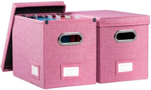 PRANDOM File Organizer Box - Set of 2 Collapsible Decorative Linen Filing Storage Hanging File Folders with Lids Office Cabinet Letter Size Pink (14x9.3x10.8 inch) by Prandom